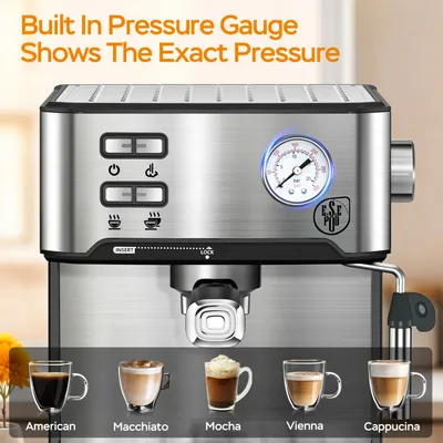 20 Bar Professional Espresso Machine With Milk Frother, Single Double Shot, ESE Pod Compatible, Visual Display Of Pressure, Removable Water Tank For Cappuccino, Latte, Machiato For Home Barista