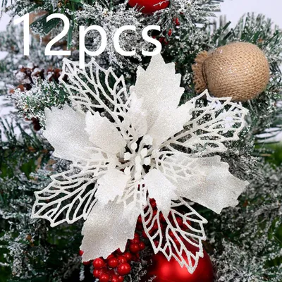 زهور عيد الميلاد الاصطناعية اللامعة، زينة شجرة عيد الميلاد للمنزل، زهور صناعية، زينة عيد الميلاد، ديكور رأس السنة الجديدة