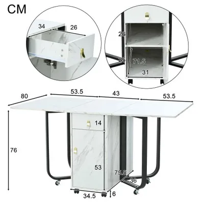 Folding Dining Table 1 Piece With Cupboard And 2 Drawers, Folding Kitchen Utility Table, Space-saving Dining Table With 4 Supporting Legs On Gliders White  Black