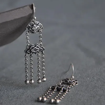 S925 Silver Gilt White Gold Simple Literary Everything National Style Retro Temperament Tassel Earrings
