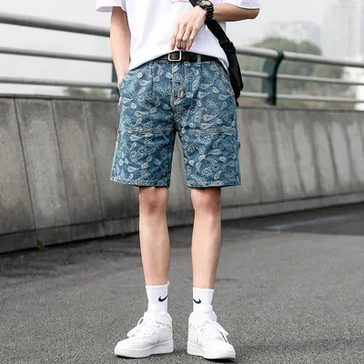 Jacquard Denim Shorts Men's Trend Large Size Loose Full Print