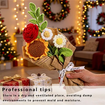 Knitted Sunflower Rose Flower Bouquet , Handmade Forever Floral Gift For Women Home Decor