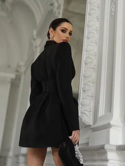 Black Long Sleeve Belted Mini Blazer Dress