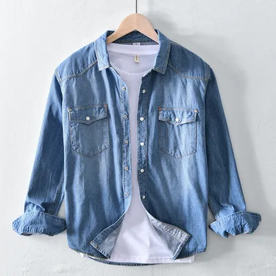 Simple Men's Long-sleeved Denim Shirt In White