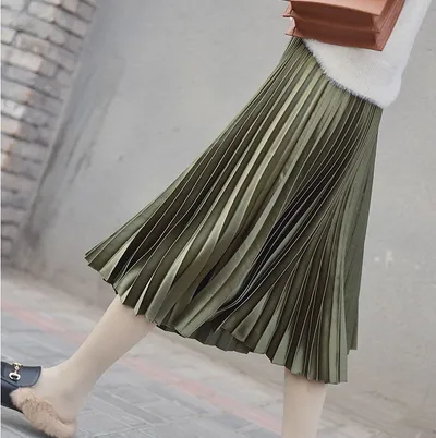 Pure Color Korean Style Pleated Skirt Skirt Mid-length High-waisted Skirt