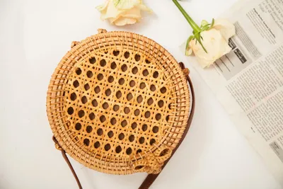 Natural PU small round straw bag