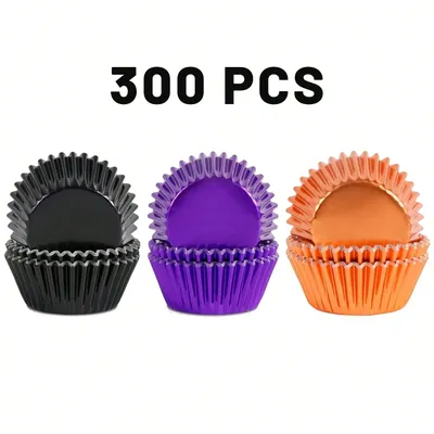 300 Pcs Halloween Foil Cupcake Liners Black Purple Orange Foil Metallic Cupcake Wrappers Muffin Liners For Halloween Party Supplies Table Decor