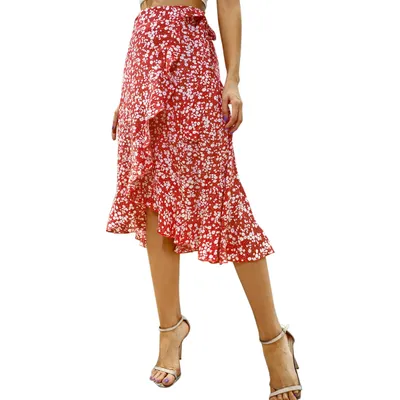 Retro Holiday Irregular Floral Wave Side Lace-Up Skirt