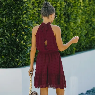 Jacquard Cutout Skirt Halterneck Chiffon Dress