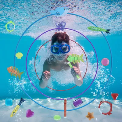 Set Of 24Pcs Diving Toys Swimming Pool Toys Swim Toys For Kids Above Aged 3 Years Old Swim Thru Rings Torpedoes Gems Volleyball Storage Bag