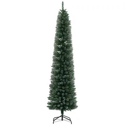 شجرة عيد الميلاد الاصطناعية المغطاة بالثلج بطول 7.5 قدم، شجرة عيد الميلاد على شكل قلم رصاص، ديكور منزلي داخلي للعطلات مع حامل أسود قابل للطي، أخضر