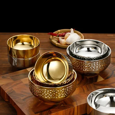 Stainless Steel Double-layer Anti-scald Household Rice Bowl Diamond Pattern