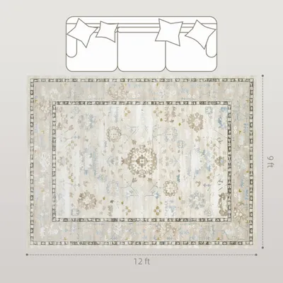 9x12 Area Rug, Indoor Boho Machine Washable Carpet For Living Room, Bedroom, Dining Room, Kitchen, Blue