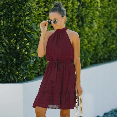 Jacquard Cutout Skirt Halterneck Chiffon Dress