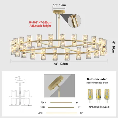 48 Inch Gold Wagon Wheel Chandelier With Crystal Shade, 48 Lights, Modern Farmhouse Style, Ideal For Dining Room, Kitchen, Entryways