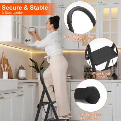 3-Step Folding Ladder, 330lbs Load Capacity, Lightweight 6.94lbs With 1.57in Folding Width,