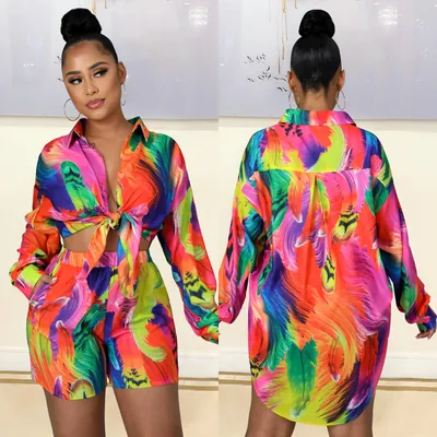 Women's Fashion Casual Printed Shirt Shorts Two Piece Set
