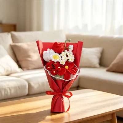 Handmade Crocheted Flower Bouquet, Red And White Tulips & Red Flowers Matched With Daisies And Tiny Blossoms, Soft Yarn Everlasting Knitted Bouquet, Indoor Home Decorative Ornament