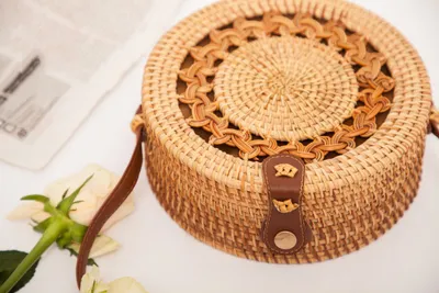Natural PU small round straw bag
