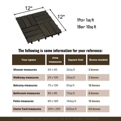 Acacia Wood Interlocking Deck Tiles Checker Pattern, 10PCS 12inch X 12inch Square Dark Brown Acacia Hardwood Outdoor Flooring For Patio, Bancony, Pool Side