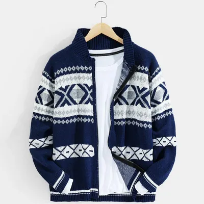 New Men's Jacquard Sweater Zipper Cardigan Long-sleeved Sweater