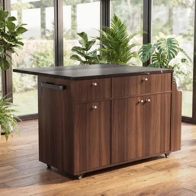 Kitchen Island With Storage Rolling Kitchen Island Cart With Drop Leaf Extension, Black Marble Top, Drawers, Spice Rack, Towel Bar, Mobile Kitchen Cart For Kitchen & Dining Room