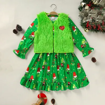 Toddler Kids Baby Girl Christmas Dress Outifts, Long Sleeves Cartoon Prints Party Dress With Heart Print Vest Coat Xmas Clothes Set