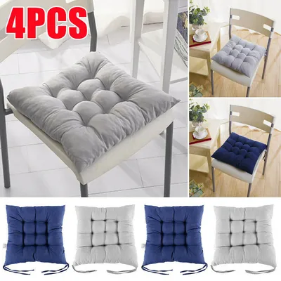 4 Pack Seat Pad Dining Room Garden Kitchen Chair Seat Cushions Tie On Plain UK