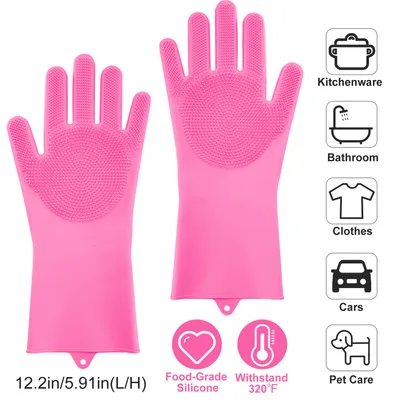 1 Pair Silicone Brush Dishwashing Gloves Cleaning Sponge Pet Scrubber Heat Resistant Wash Gloves