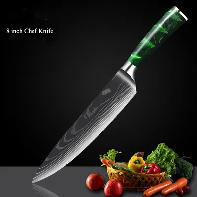 Green Resin Handle Damascus Laser Grain Knife