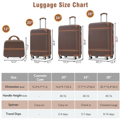 طقم حقائب سفر صلبة مكون من 4 قطع، مقاس 20×24×28 بوصة، يشمل حقائب سفر وحقيبة مستحضرات تجميل، حقيبة سفر دوارة مزودة بقفل TSA، خفيفة الوزن