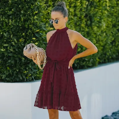 Jacquard Cutout Skirt Halterneck Chiffon Dress