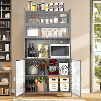 73'' Tall Kitchen Pantry Cabinet , 6 Level Flip Door With Pegboard Spacious, Adjustable & Stylish Metal Pantry Storage Cabinet, Anti-Tip Design Hutch For Kitchen, Dining Room, Living Room Grey