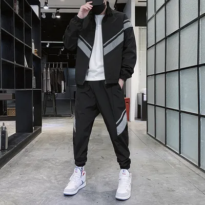 Casual Reflective Jacket Trousers Sports Men's Two Piece Set