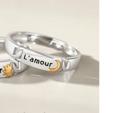 A Pair Of Sun And Moon Couple Silver Rings For Girlfriend