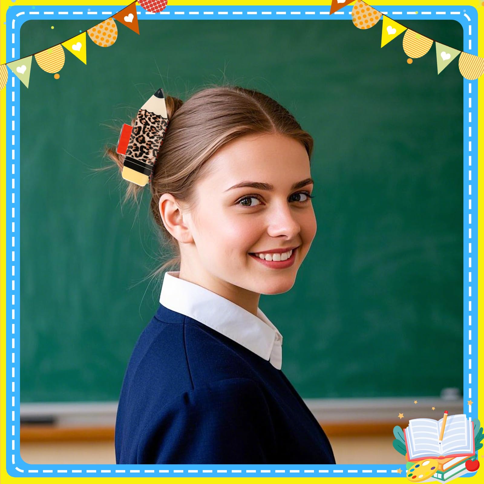 ٤ مشابك شعر على شكل قلم رصاص، إكسسوارات شعر للعودة إلى المدرسة للنساء، مشابك شعر بنقشة عباد الشمس ونقشة جلد النمر، مشابك شعر مانعة للانزلاق للشعر الكثيف والخفيف، مناسبة لموسم بدء العام الدراسي، زي الم