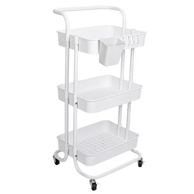 Black-White Color Options 1Pc 3 Tier Rolling Utility Cart Movable Storage Organizer With Mesh Baskets Lockable Wheels 360 Degree Rotatable Hanging Box Hooks Bedroom Bathroom Kitchen