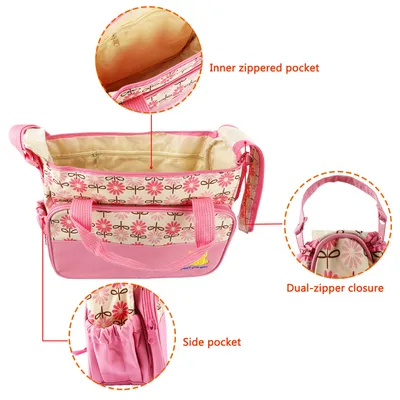 5PCS Per Set Baby Nappy Diaper Bags For Spring Travel Set Mummy Diaper Shoulder Bags WithNappy Changing Pad Insulated Pockets Travel Tote Bags For Mom Dad