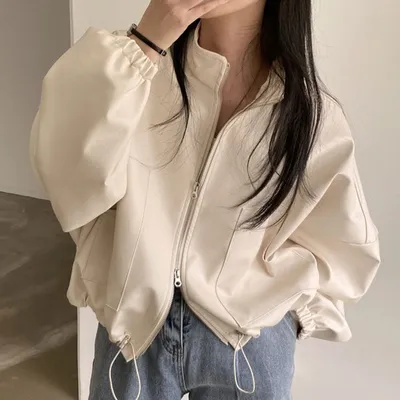 Small Stand Collar Zipper Large Pocket Drawstring Lace Leather Coat Women