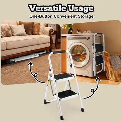 2 Step Folding Ladder Stool In White - Compact Design For Home Use