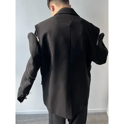 Men's Zippered Sleeve Splicing Black Suit
