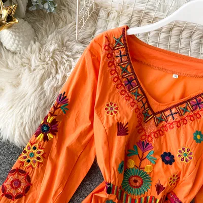 Women's Boho Embroidered V-Neck Loose Ruffle Long Skirt