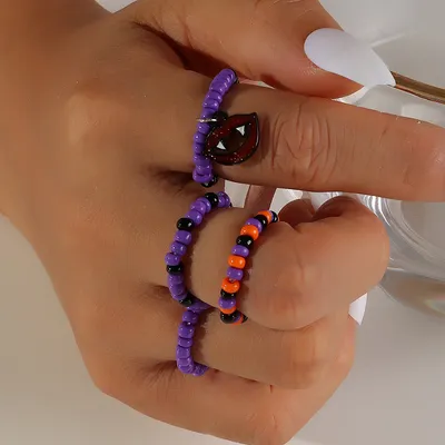 New Retro Purple Halloween Rice Bead Ring Set