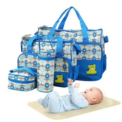 5PCS Per Set Baby Nappy Diaper Bags For Spring Travel Set Mummy Diaper Shoulder Bags WithNappy Changing Pad Insulated Pockets Travel Tote Bags For Mom Dad