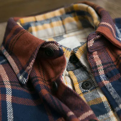 Men's Long Sleeve Retro Thick Brushed Plaid Shirt