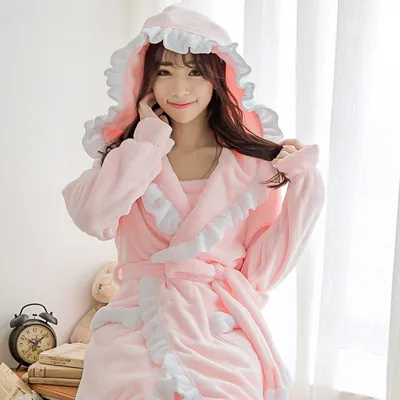 Cute Padded Flannel Nightgown Women Lace