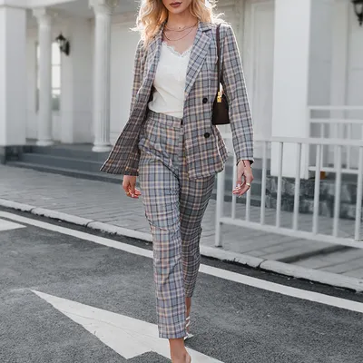 Plaid Trousers Two-piece Business Suit Suit Nine-point Pants Double-breasted