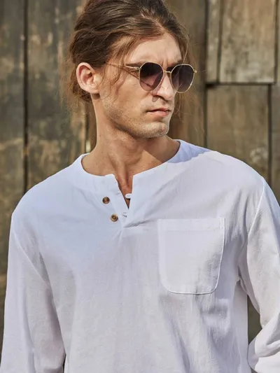 New Men's Youth Thin Two-Button V-Neck Linen Long Sleeve Shirt