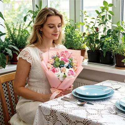 Handmade Knitted Crochet Bouquet, Pink Rose Tulip With Forget Me Not, Everlasting Artificial Yarn Flowers For Home Table Decor And Gift