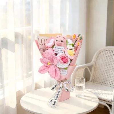 Handmade Crochet Flower Bouquet Featuring Cute Pig Doll Alongside Roses And Lilies, Soft Yarn Everlasting Knitted Bouquet, Indoor Home Decor Ornament